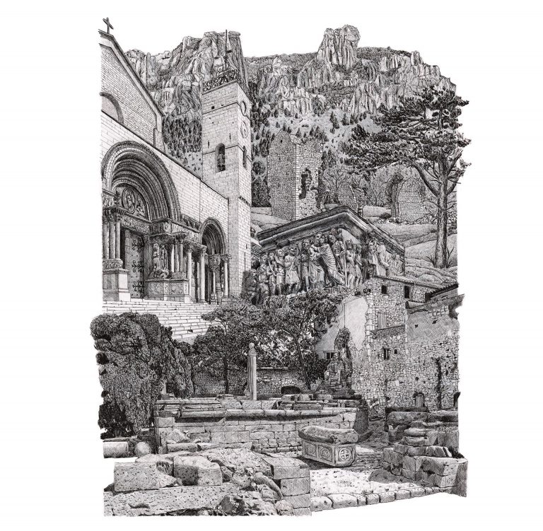 Chemin des Croisades, Arthaud — illustration à l’encre de Benjamin Van Blancke