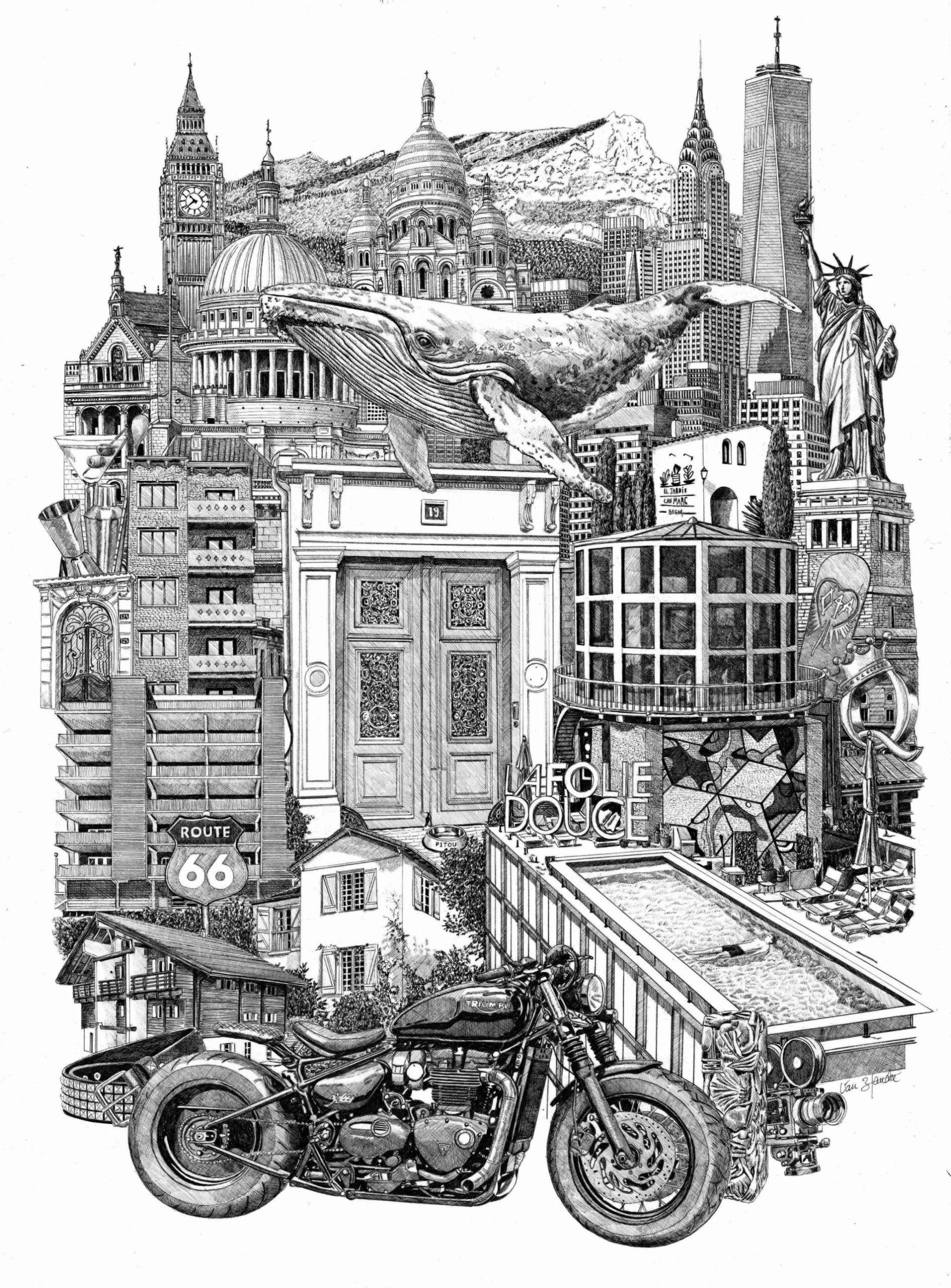 Géographie intime, Commande privée, 40ᵉ anniversaire, illustration à l’encre de Benjamin Van Blancke (2/8)